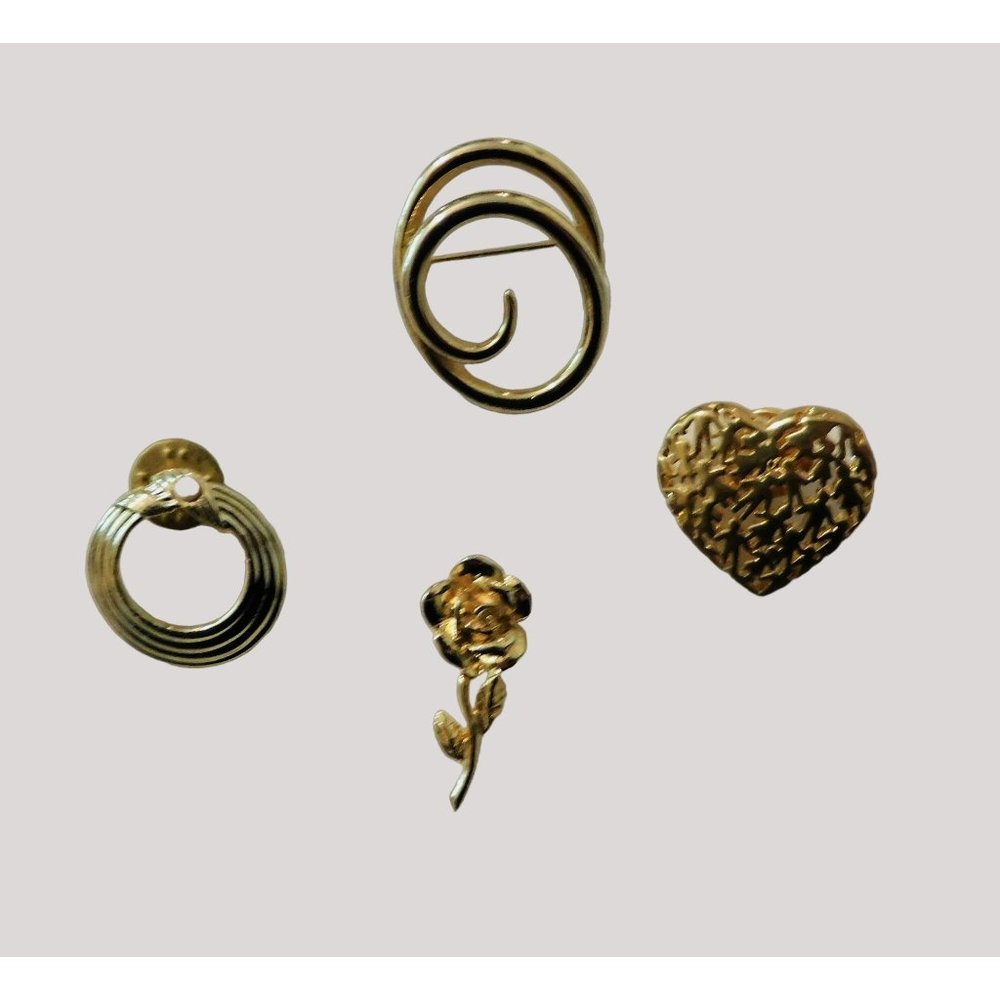 Set of 4 Fashion Pins Heart Circles Floral Brooch Pin Back Gold Tone